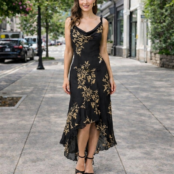 Ice Dresses & Skirts - Vintage black silk dress with gold applique & beading Y2K